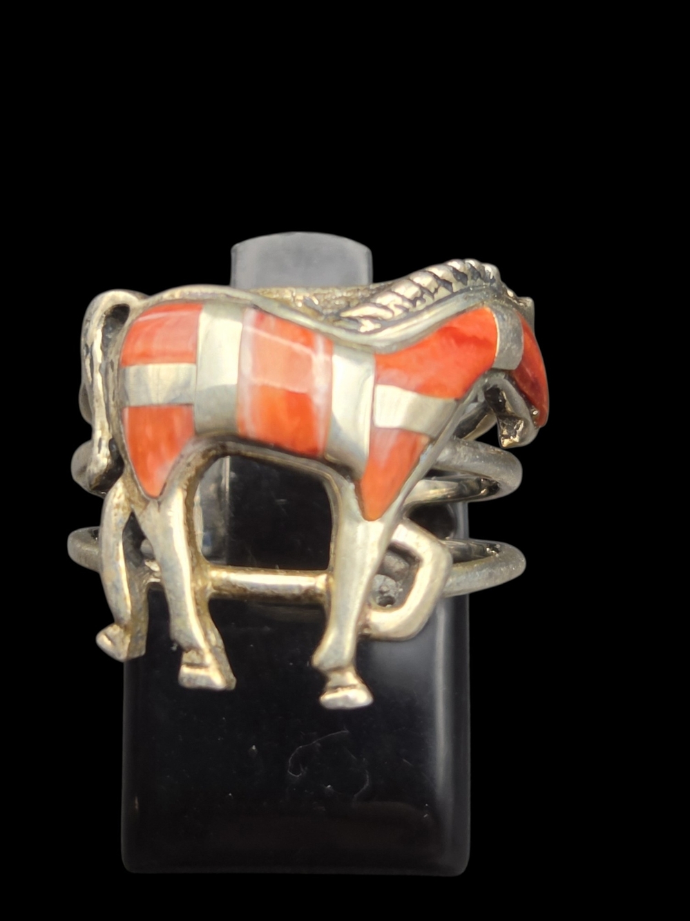 Silver Horse Sculpture Ring with Coral Inlay - Orange and Silver 6